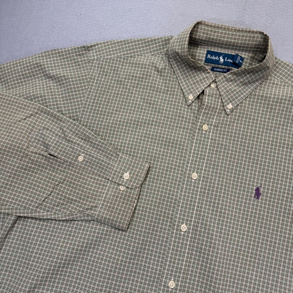 Ralph Lauren Classic Fit Button Down Shirt Mens 17 XL Tall Green Plaid‎ Cotton